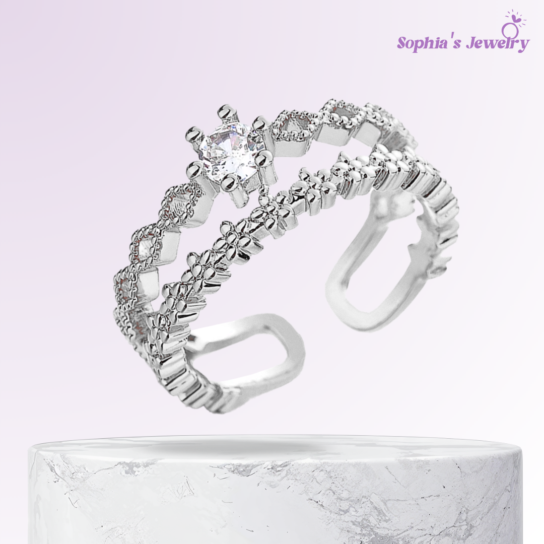 Judy | Dual-Band Floral Elegance | Silver Ring