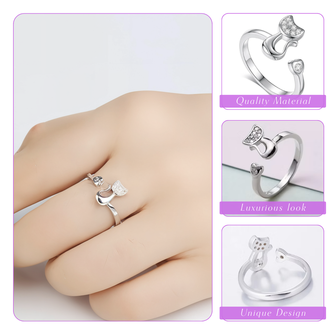 Janice | Cat Open Ring with Sparkling Accents | Silver Ring