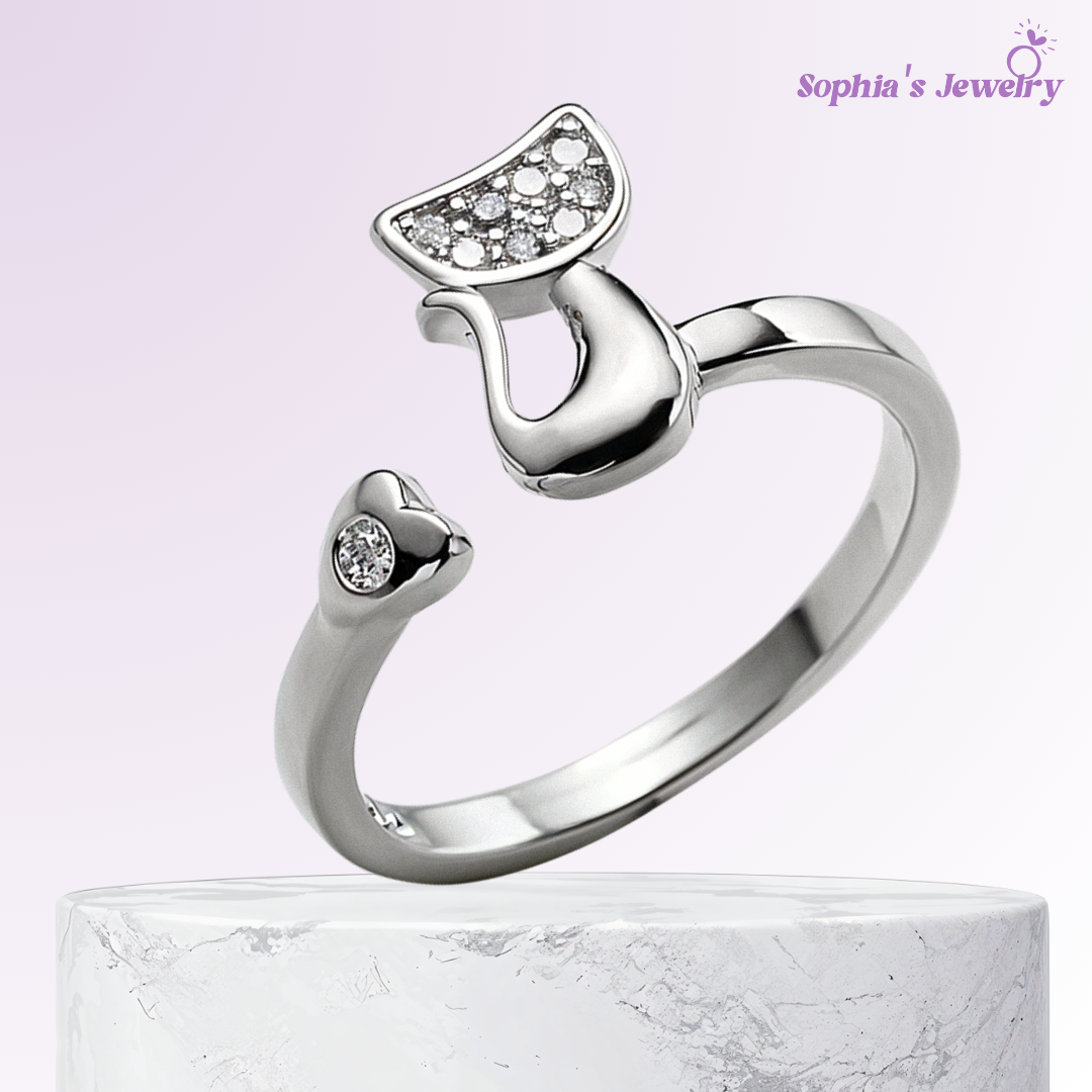Janice | Cat Open Ring with Sparkling Accents | Silver Ring